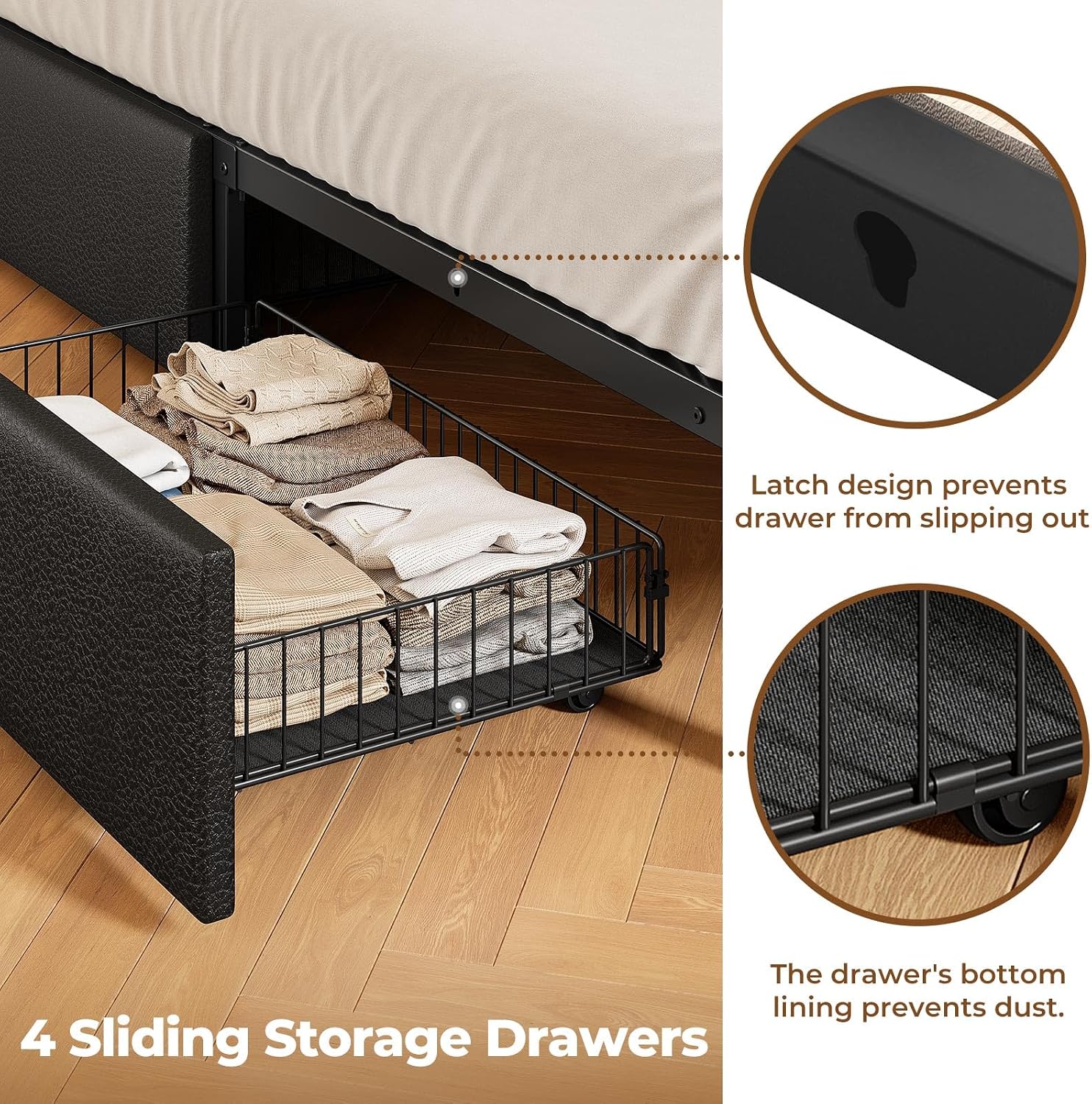 Rolanstar Full Bed Frame with Storage,4-Drawer Platform Bed with USB Charging Station,Built in LED Lights and Bookcase Headboard,No Box Spring Needed,Easy Assembly,Noise-Free,Black
