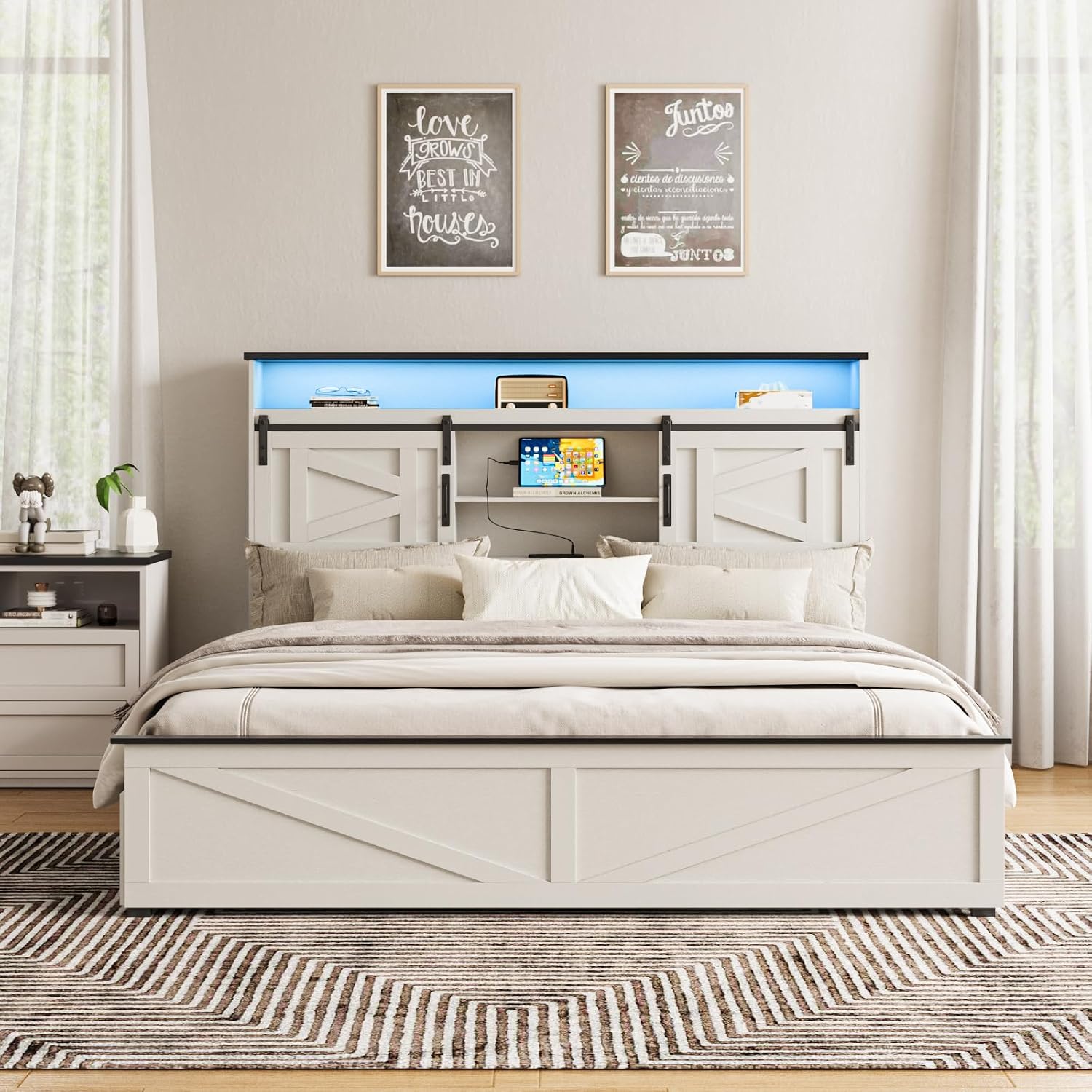 Fameill Farmhouse King Size Bed Frame with 4 Drawers and Bookcase Headboard, Sliding Barn Door Storage Shelves, LED Lights and Charging Station, No Box Spring Needed, Antique White