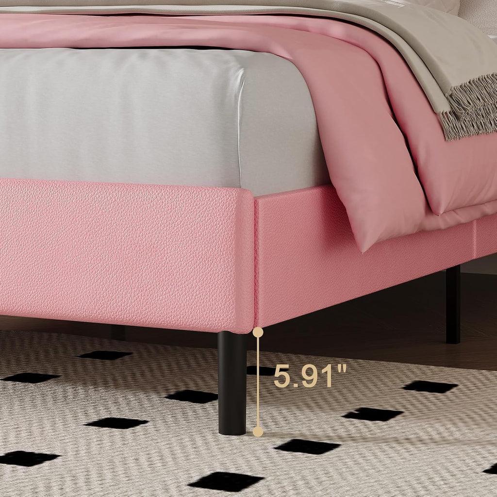 HOMBCK Full Bed Frame with Headboard, Faux Leather Upholstered Bed with Wooden Slats Support, Full Size Bed Frame with Diamond Vertical Stripe Design, Mattress Foundation, No Box Spring Needed, Pink