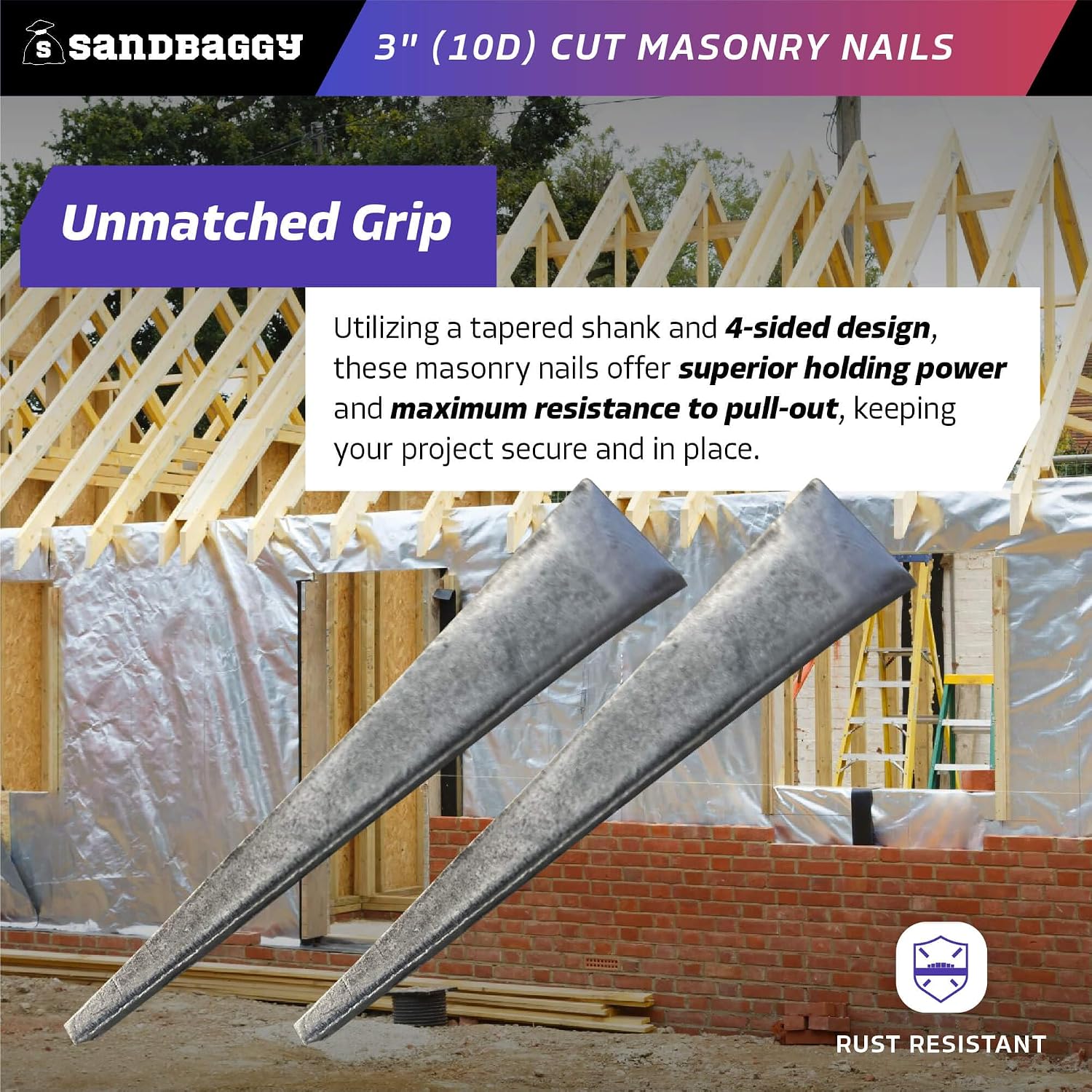 Sandbaggy 3 inch (10D) Square Cut Masonry Nails for Concrete, Brick, Mortar - 1/2' Wide Flat Heads - Construction, Cement, Brick Walls (9500)