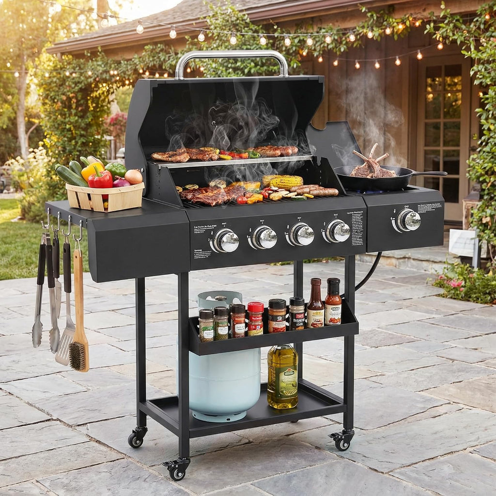 4-Burner Propane Gas BBQ Grill with Side Burner, 50,000 BTU Outdoor Portable Barbecue Grill w/Stainless Steel Grates, Side Table, Spice Rack & Wheels for Outdoor Cooking Patio Backyard Camping