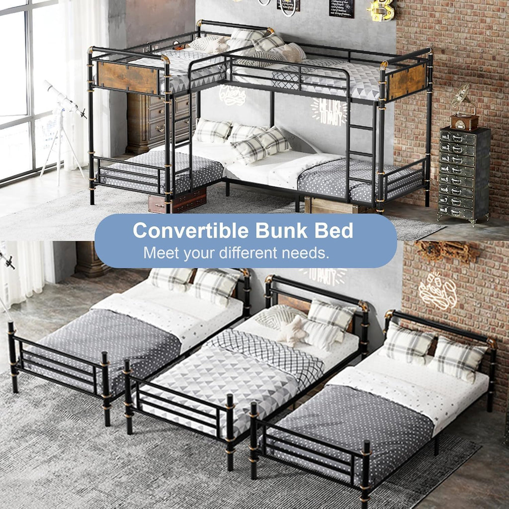 Quad Bunk Bed for 4, Metal L-Shaped Bunk Bed Frame, Industrial Twin 4 Bunk Beds for Kids, Detachable 4 Bunk Beds with Comfort Rungs for Teens Girls Boys，Black
