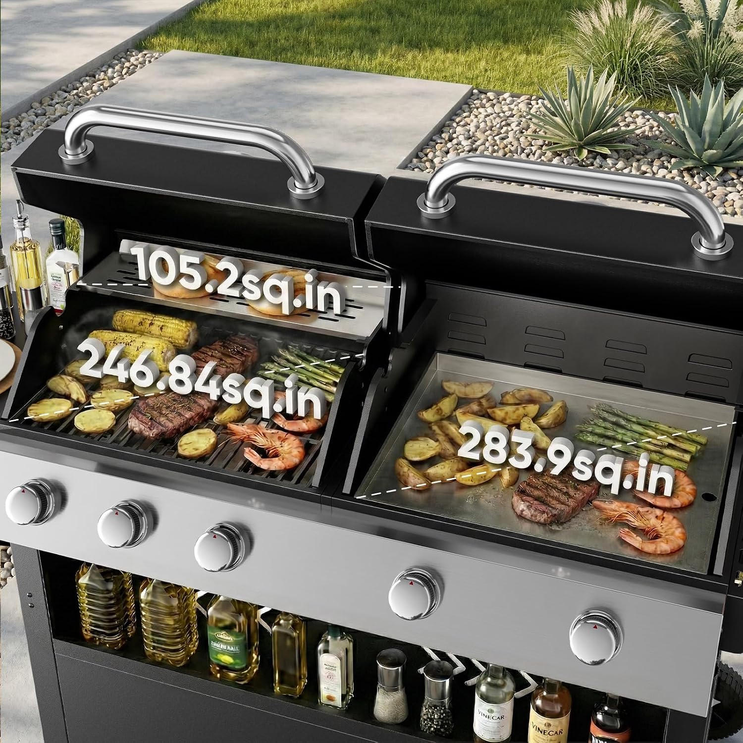 Belord 2-in-1 Grill Griddle Combo, 5 Burner Flat Top Griddle & Grill with 40000 BTU Output, Propane Gas Grill with Enameled Cast Iron Grate & Cast Iron Pan for Outdoor Kitchen, Backyard Barbecue