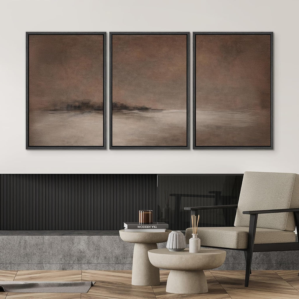 SIGNWIN Framed Canvas Print Wall Art Set Misty Brown Horizon Minimal Abstract Landscape in Warm Earth Tones Illustrations Modern Art Decorative for Living Room, Bedroom, Office - 24'x36'x3 Black