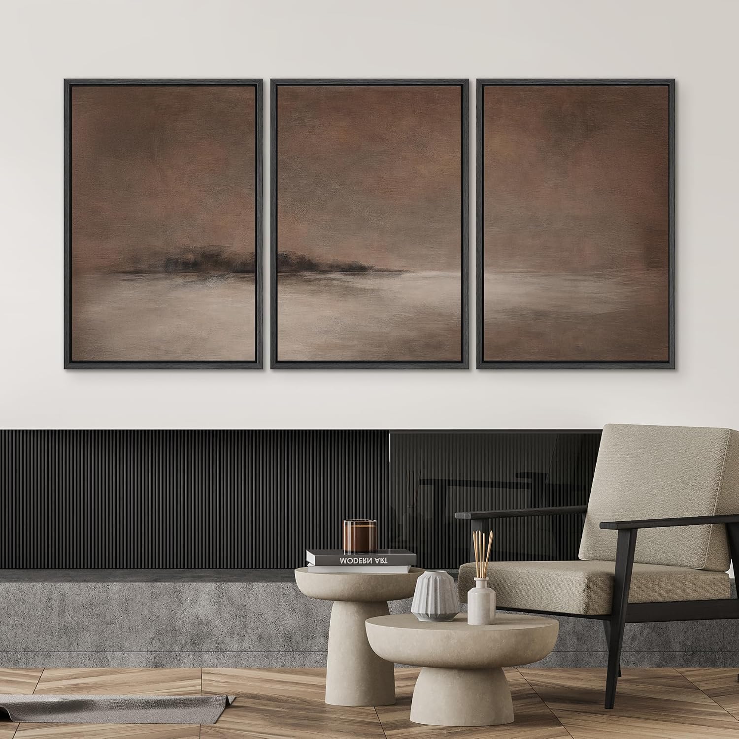 SIGNWIN Framed Canvas Print Wall Art Set Misty Brown Horizon Minimal Abstract Landscape in Warm Earth Tones Illustrations Modern Art Decorative for Living Room, Bedroom, Office - 24'x36'x3 Black