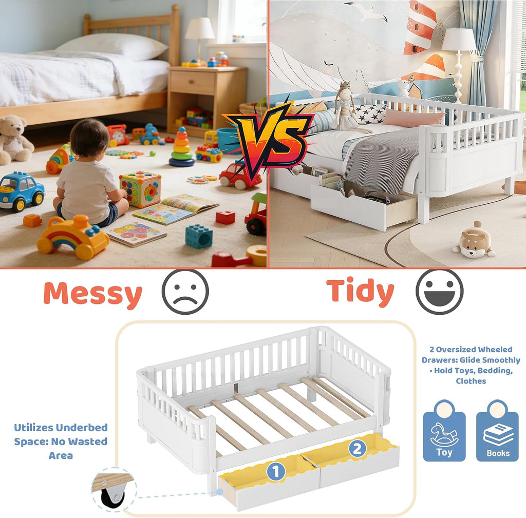 Twin Kids Bed with Storage Drawers & Rails, Wood Low Montessori Beds with Detachable Side Rails & Slats, Modern Daybed for Boys Girls Bedroom, Kids Twin Platform Bed, White