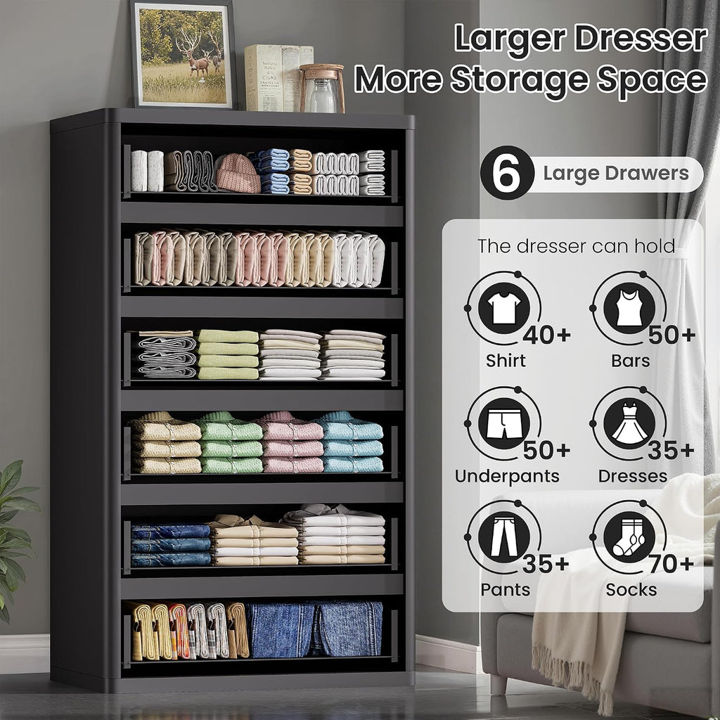 Standifurno Black 56' Tall Dresser for Bedroom, Fluted Modern 6 Drawers Deep Dressers, Wood Chest of Drawers with Handleless, Curved Profil Storage Closet Dressers for Bedroom, Living Room, Hallway