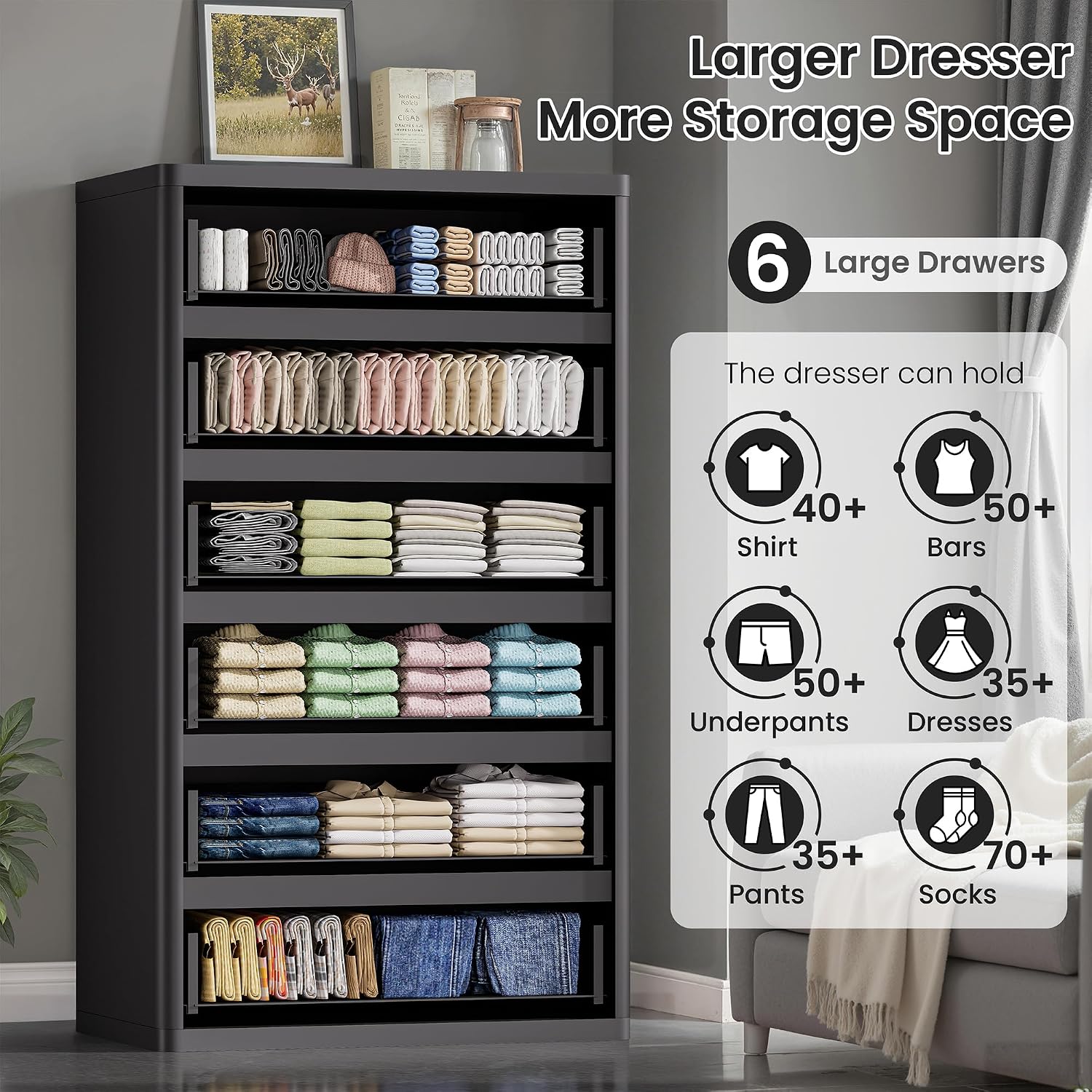 Standifurno Black 56' Tall Dresser for Bedroom, Fluted Modern 6 Drawers Deep Dressers, Wood Chest of Drawers with Handleless, Curved Profil Storage Closet Dressers for Bedroom, Living Room, Hallway