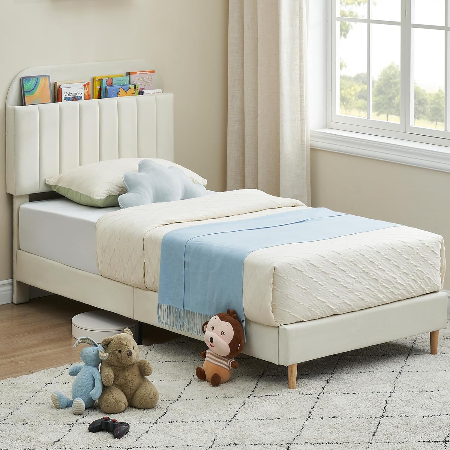 IDEALHOUSE Twin XL Bed Frames, Upholstered Platform Bed Frame with Bookcase Headboard, Velvet Platform Bed Mattress Foundation, Heavy Duty Steel Support Legs, Easy Assembly, Noise Free, Cream White