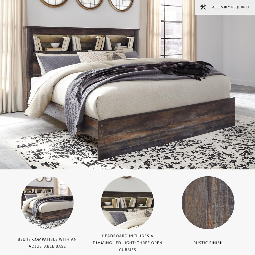 Signature Design by Ashley Drystan Rustic King Bookcase Bed with Open Cubbies and LED Lights, Foundation or Box Spring Needed, Dark Brown & Gray