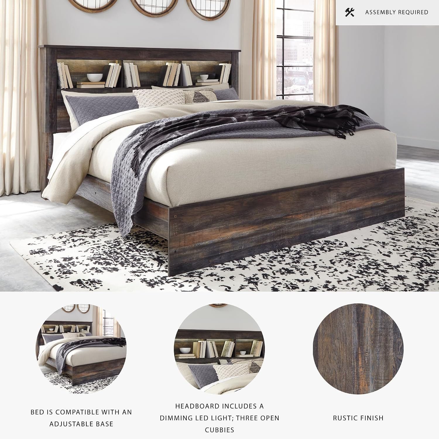 Signature Design by Ashley Drystan Rustic King Bookcase Bed with Open Cubbies and LED Lights, Foundation or Box Spring Needed, Dark Brown & Gray