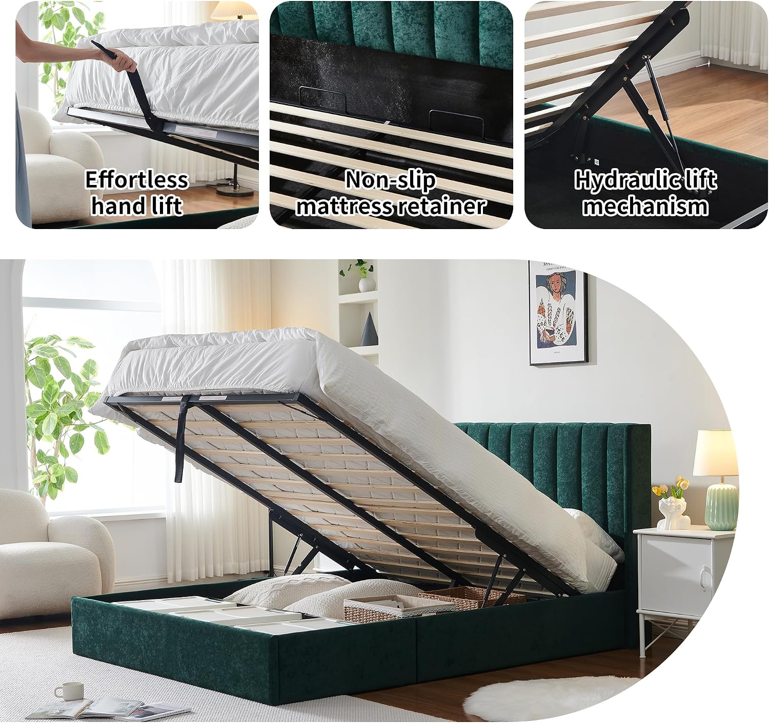 YUHUASHI Queen Size Hydraulic Storage Bed, Upholstered Platform Bed Frame, Modern Wingback Design Headboard, Velvet Fabric with Hydraulic Support Bars, No Box Spring Required (Ink Green, Queen)