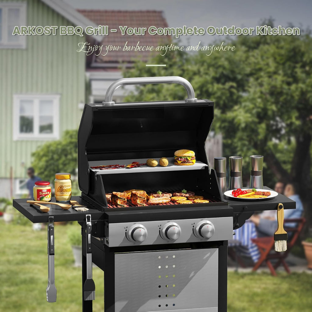 3 Burners Propane Gas Grill, Stainless Steel BBQ Grill with Porcelain-Enameled Cast Iron Grates, 28,500 BTU Outdoor Patio Barbeque Grill with 2 Foldable Side Tables for Party, Camping, Backyard