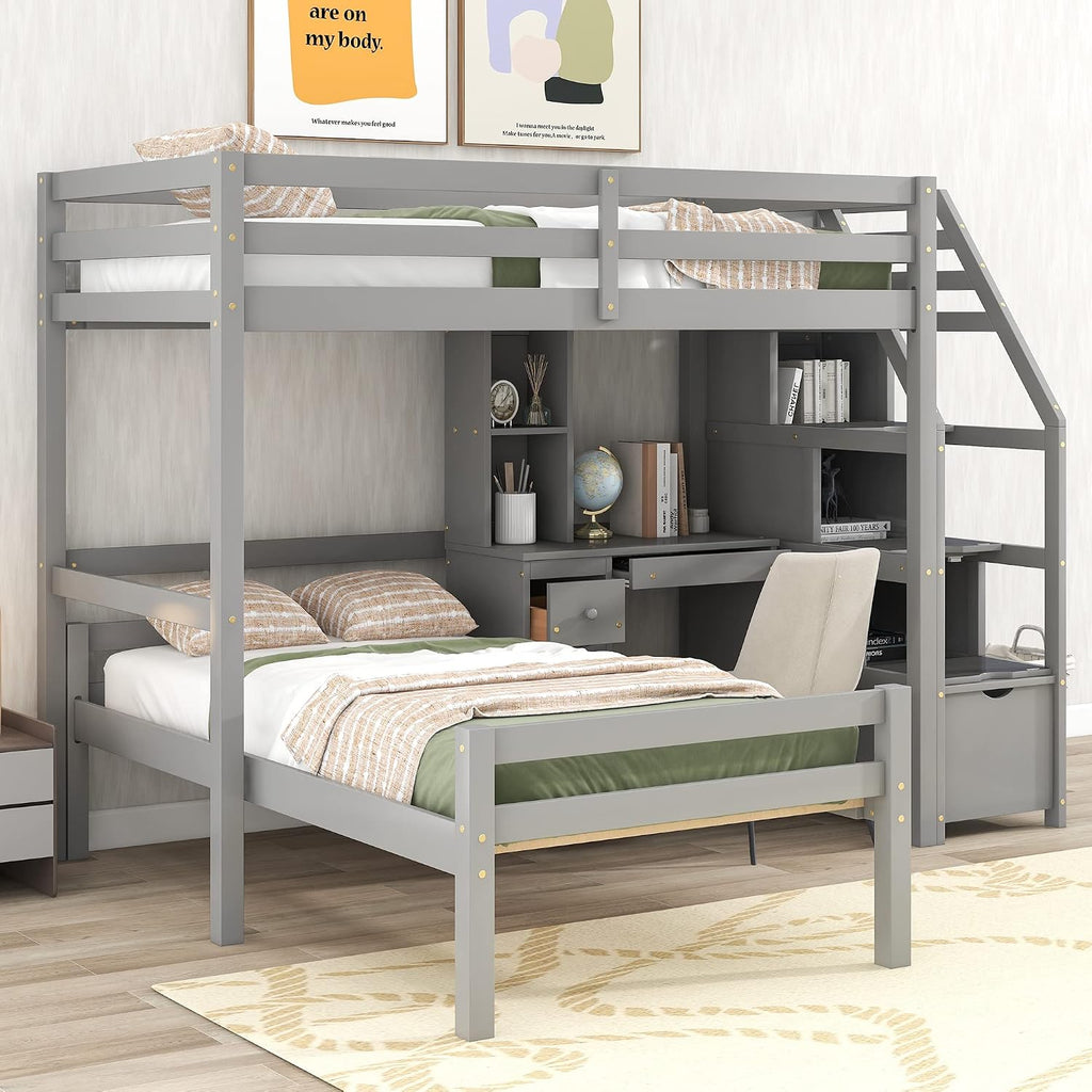 Harper & Bright Designs Twin Over Twin Bunk Bed with Desk, Heavy Duty Wood Loft Bedframe W/Shelves,Easy Assembly,Versatile Functional Bedroom Furniture Set for Boy Girl Teens,Gray