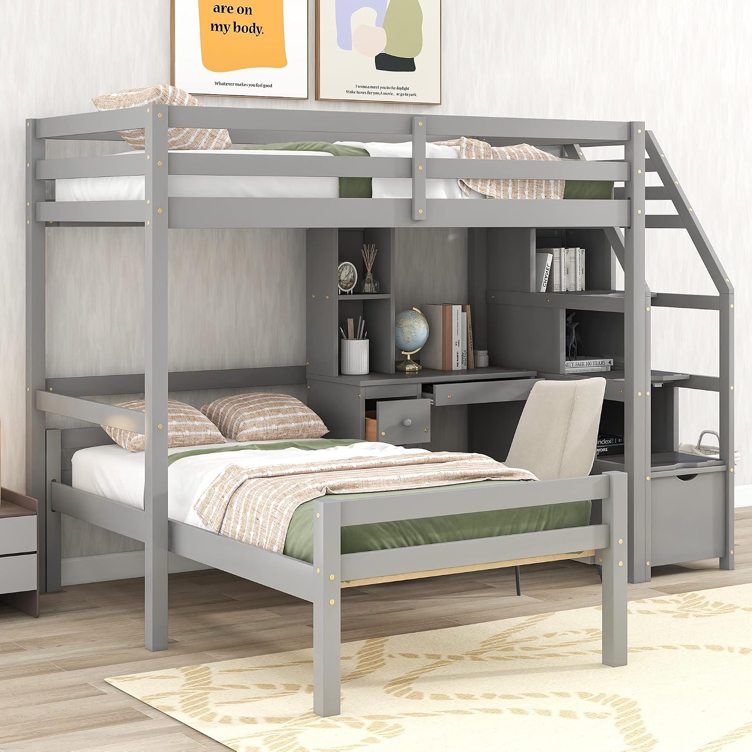 Harper & Bright Designs Twin Over Twin Bunk Bed with Desk, Heavy Duty Wood Loft Bedframe W/Shelves,Easy Assembly,Versatile Functional Bedroom Furniture Set for Boy Girl Teens,Gray