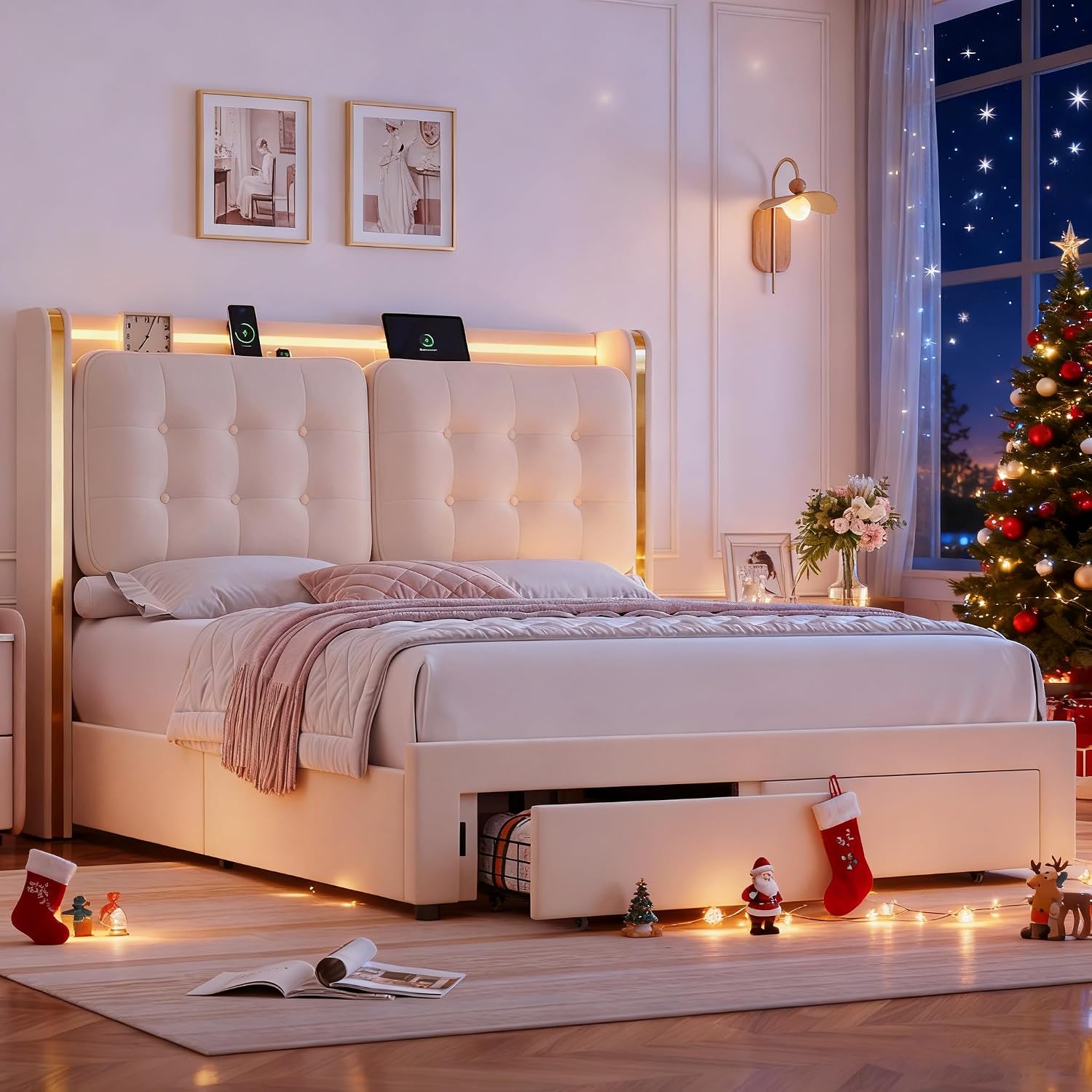 HIFIT Upholstered LED Queen Size Bed Frame with Storage and Charging Station, Lavish Wingback Headboard with Fluffy Tufted Cushions, Modern Velvet Queen Platform Bed Frame with 2 Large Drawers, Beige