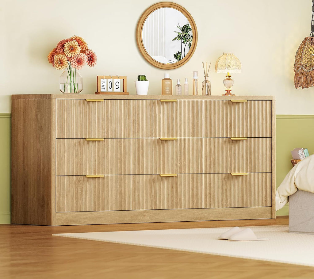 TEENFON 63' Dresser for Bedroom with 9 Drawers, Modern Dressers & Chest of Drawers with Metal Handles, Fluted Dresser, Wood Closet Clothes Storage Organizer for Living Room, Hallway, Natural