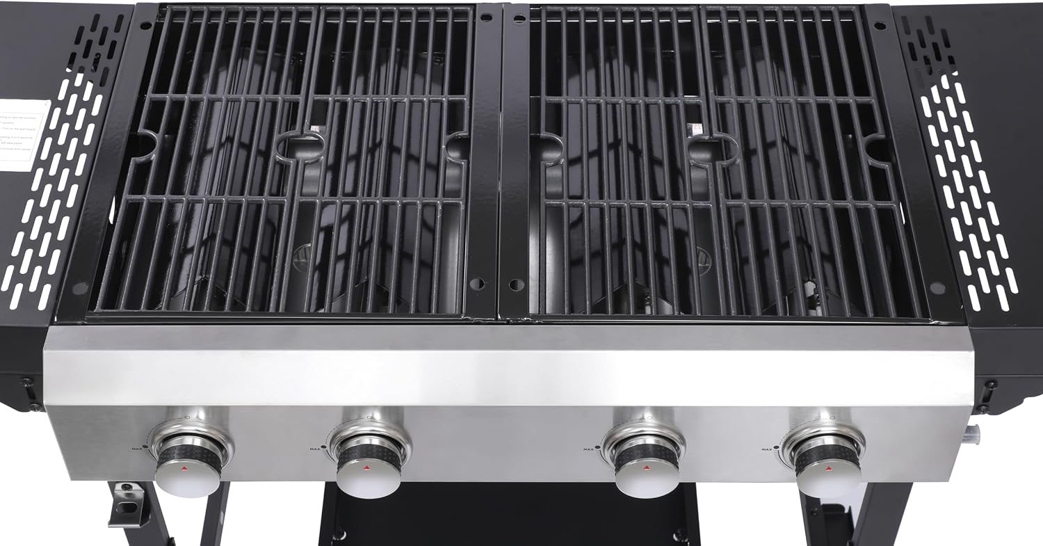 2+2 Gas Grill & Griddle Combo: 4 Burner Outdoor BBQ with Side Shelf & Storage - Modern Silver Black Design for Backyard Family Gatherings & Patio Parties