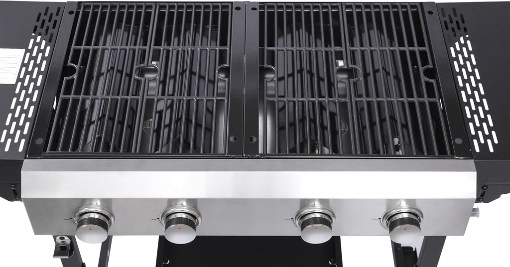 2-in-1 Propane Griddle and Grill Combo, 38,200 BTU 4-Burner Gas BBQ with Stainless Steel Cooking Surface & 2 Foldable Side Tables, Portable Outdoor Cookstation for Camping, Patio, and Backyard