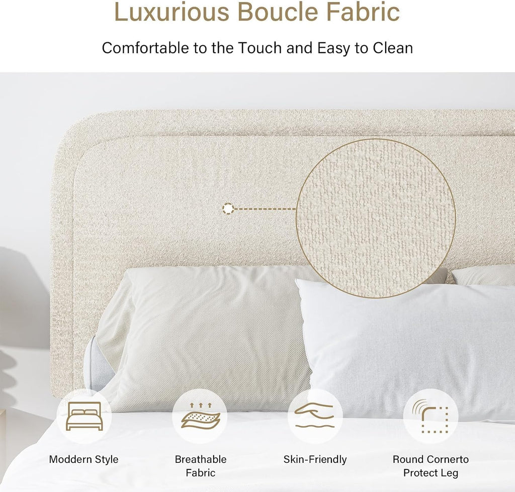 BarnFurin Full Size Bed Frame with Headboard, Cloud Boucle Upholstered Platform Bed Frame, Soft Rounded Corners, No Box Spring Required, Non-Slip and Noise-Free, Easy Assembly, Cream