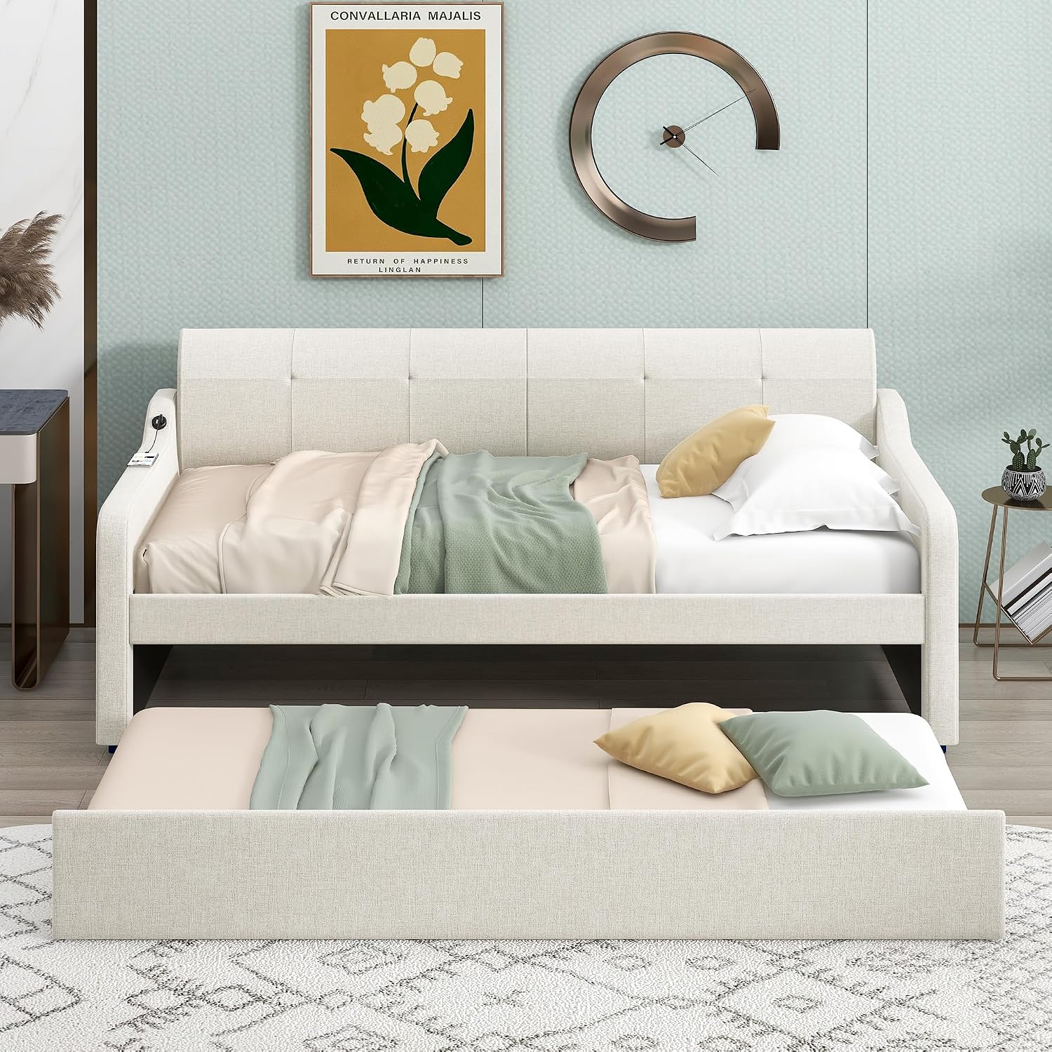 Daybed with Trundle and USB Charging Design, Twin Size Upholstery Day Bed Frame, Trundle can be Flat or erected,Beige