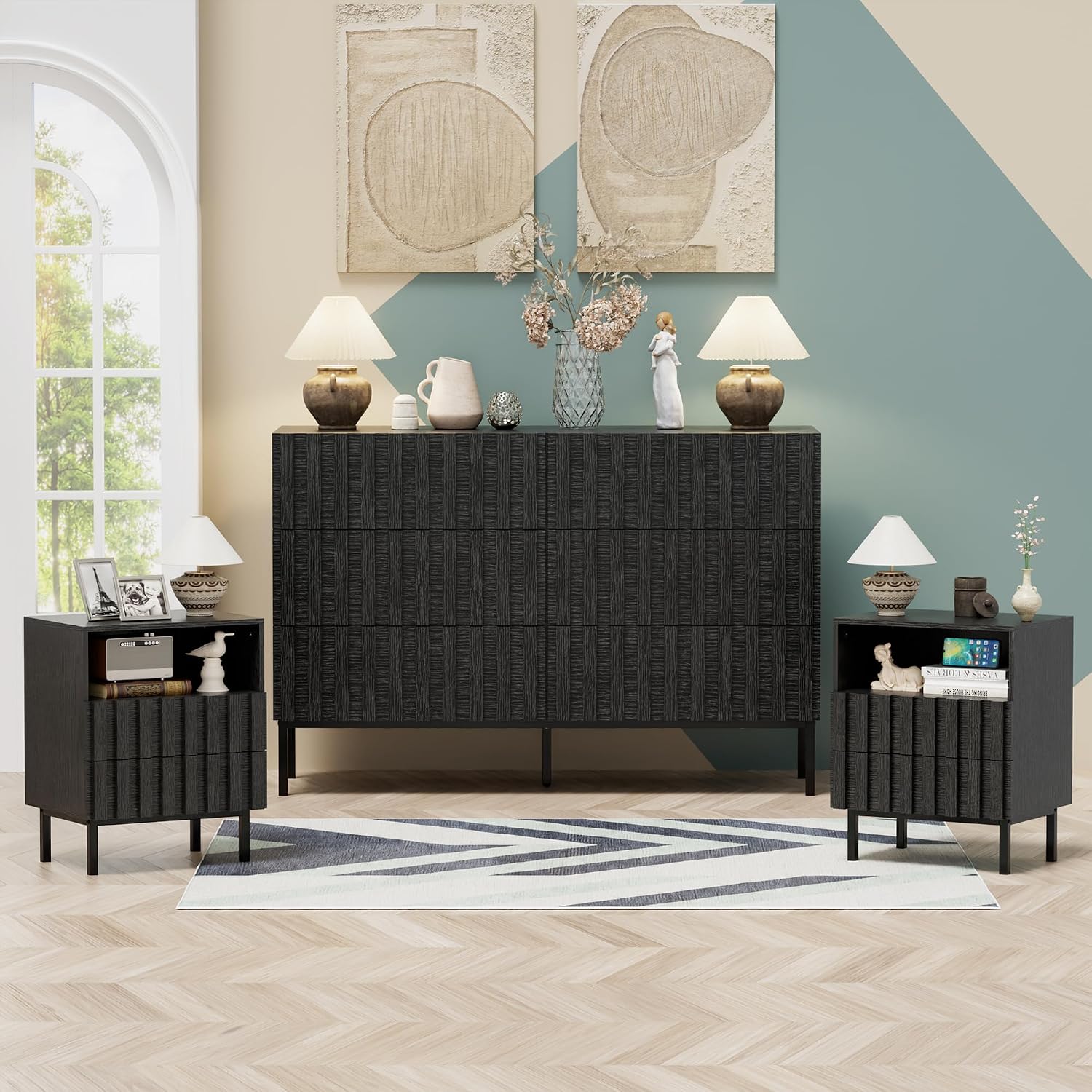 UEV 3 Piece Dresser and Nightstand Sets for Bedroom, 47' Wide 6 Drawer Dresser & Nightstand Set of 2, Mid Century Modern Fluted Wooden Dressers Set, Bedroom Furniture Set (Black)