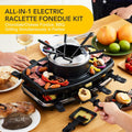 6-Cup Electric Cheese Fondue Pot, Combo with Raclette Machine for 8 People and Indoor Grill, Simple Adjustable Thermostats, Perfect for Parties and Family Fun