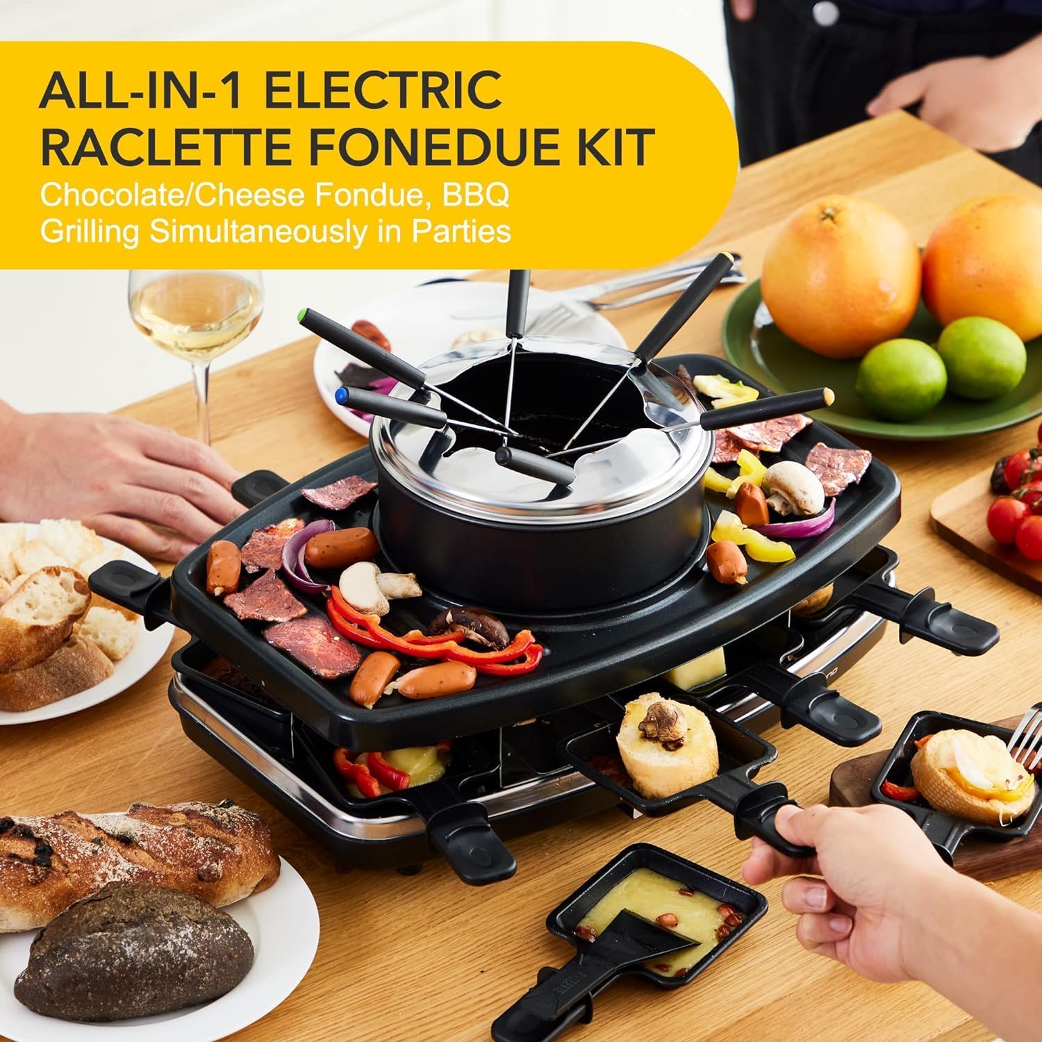 6-Cup Electric Cheese Fondue Pot, Combo with Raclette Machine for 8 People and Indoor Grill, Simple Adjustable Thermostats, Perfect for Parties and Family Fun