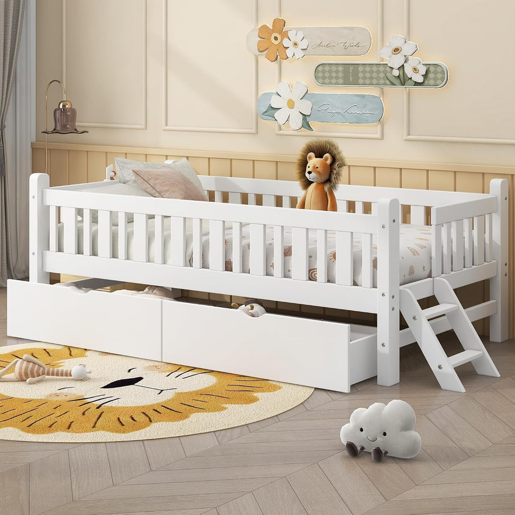 VilroCaz Twin Size Platform Bed with Guardrail and 2 Drawers, Wood Kids Platform Bed Frame with Two-Step Ladder for Boys Girls, Sturdy Slats Support (White-1.26)