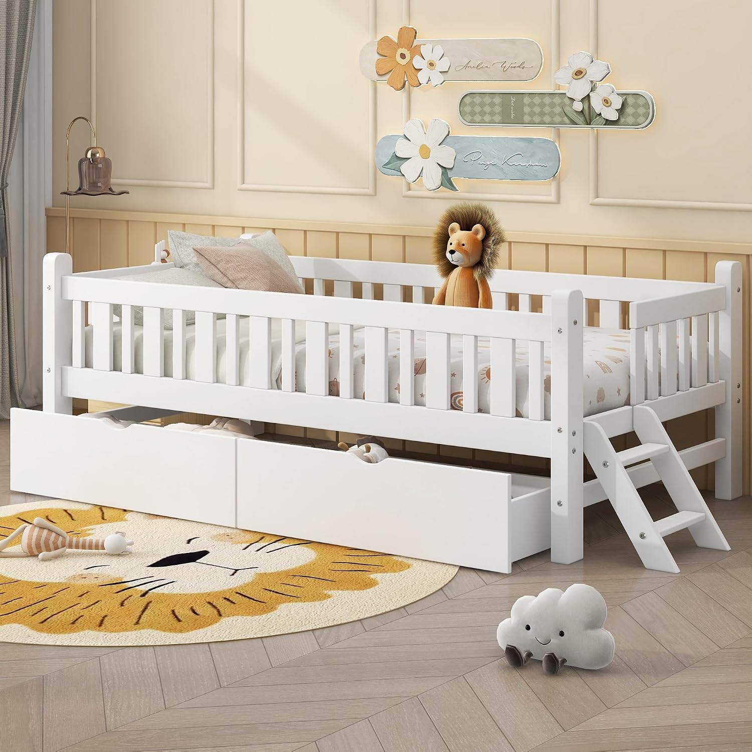 VilroCaz Twin Size Platform Bed with Guardrail and 2 Drawers, Wood Kids Platform Bed Frame with Two-Step Ladder for Boys Girls, Sturdy Slats Support (White-1.26)