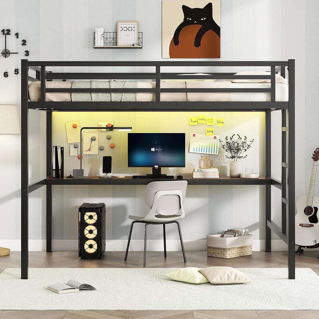 Bellemave Full Loft Bed with Desk, Metal Loft Bed Frame with Ladder, LED Lights and Power Outlet for Kids, Boys, Girls, No Spring Box Needed, Black