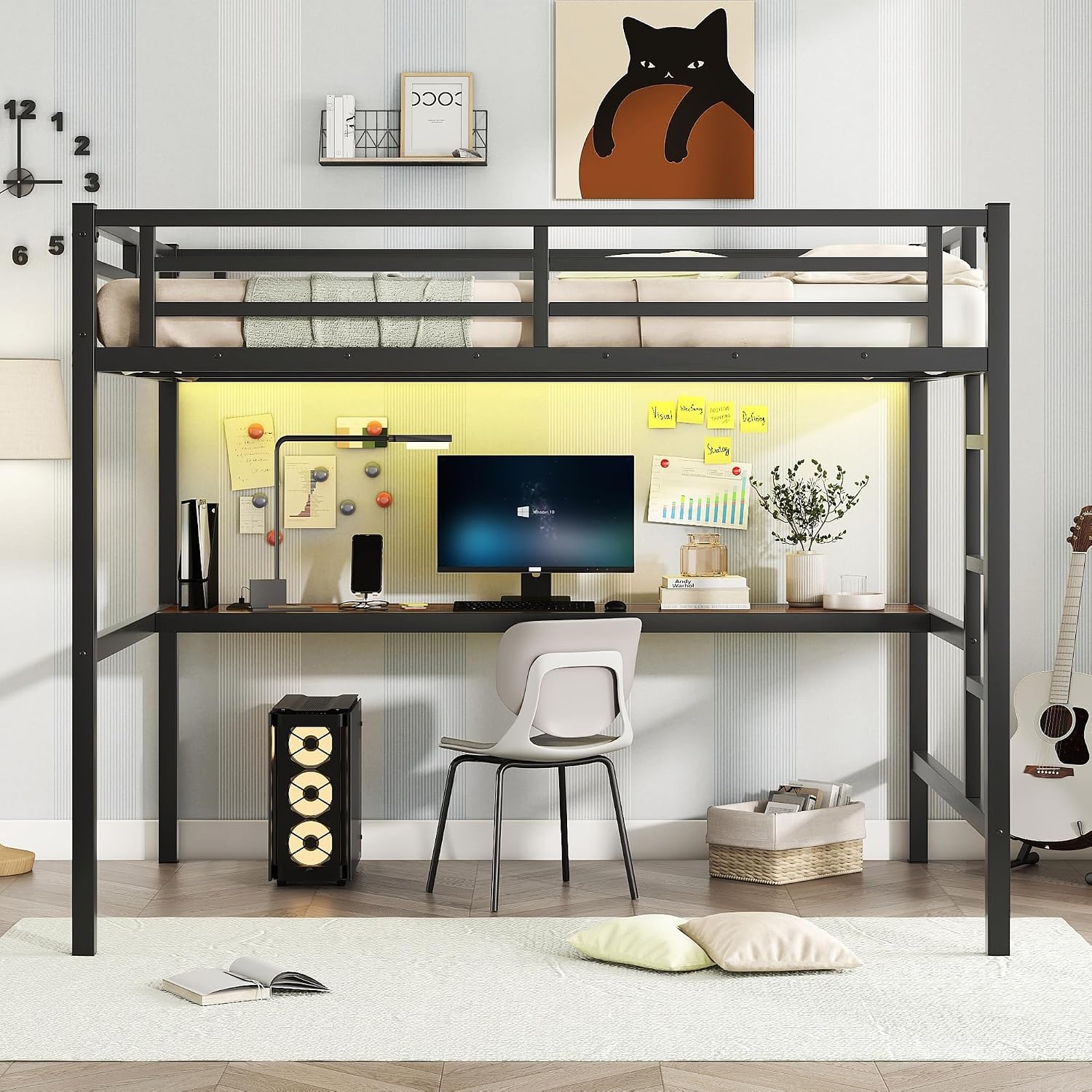 Bellemave Full Loft Bed with Desk, Metal Loft Bed Frame with Ladder, LED Lights and Power Outlet for Kids, Boys, Girls, No Spring Box Needed, Black