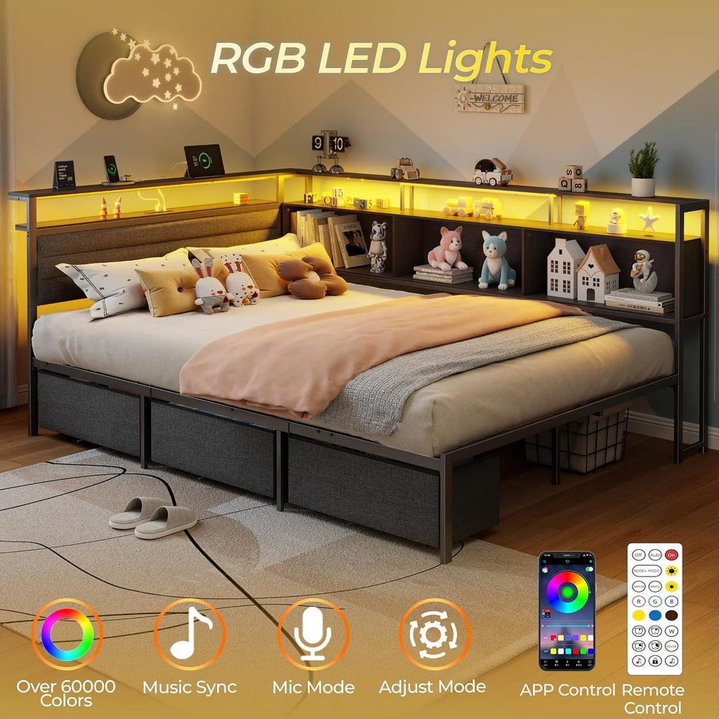 OURPIC Full Size Bed Frame with Headboard and Storage Drawers, Full Metal Platform Corner Bed Frame with Charging Station and LED Lights, Heavy Duty Strong Support Slats and Easy to Assemble, Black