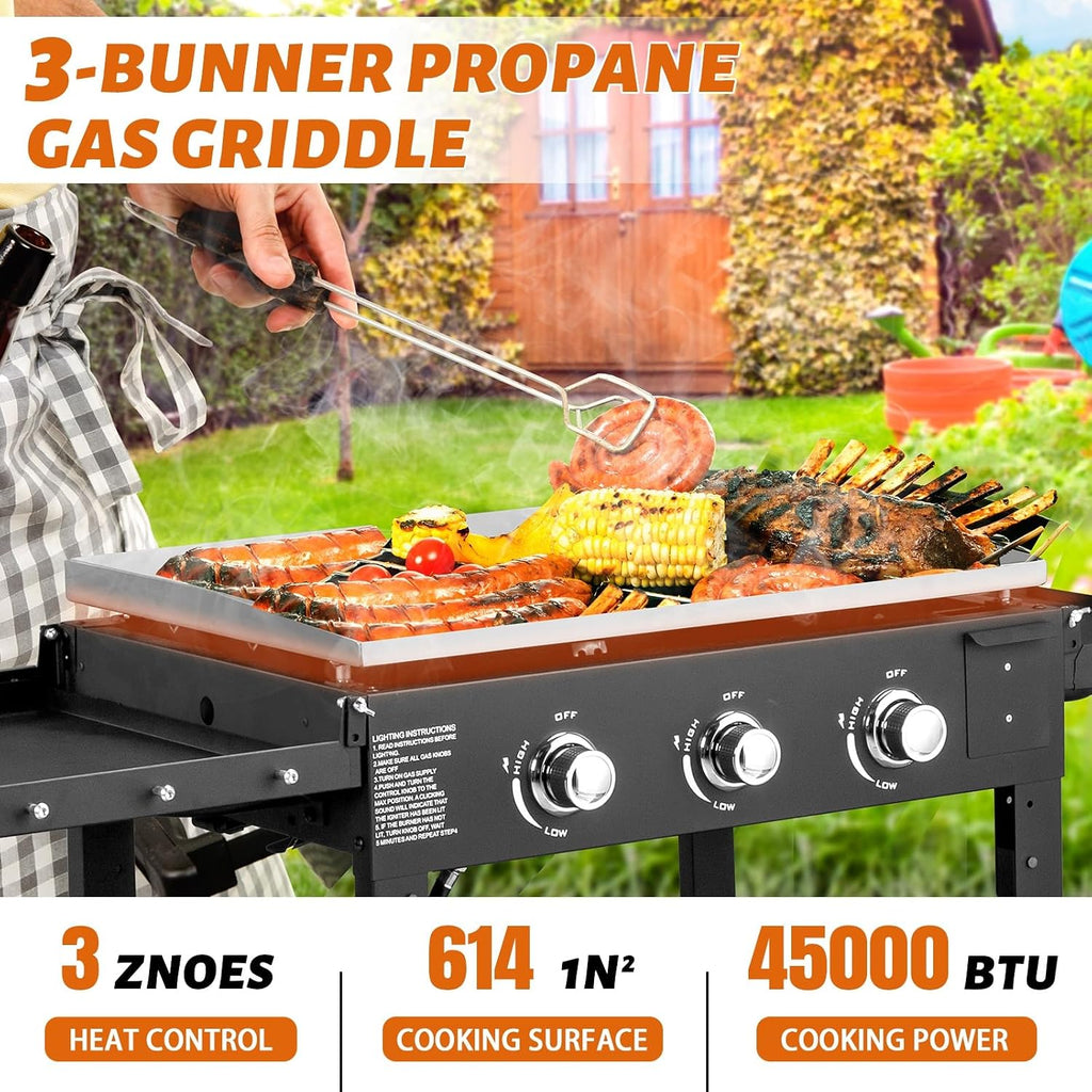 Foldable Flat Top Grill, Portable Outdoor Propane Griddle with 2 Foldable Shelves, 30000/45000/60000 BTU Gas Grill Griddle Cooking Station for BBQ & Outdoor Cooking, Black(3 Burner)