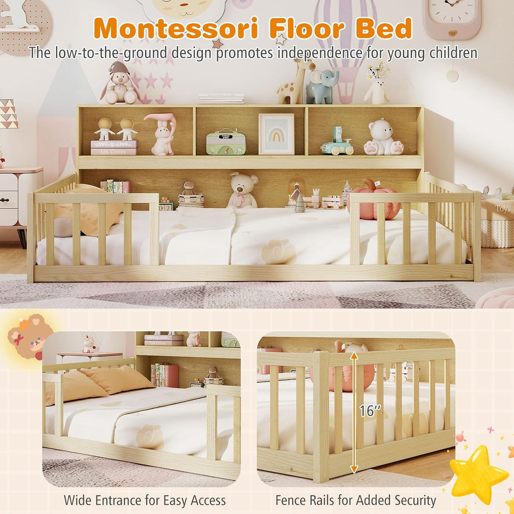 Giantex Full Size Floor Bed for Kids, Wooden Montessori Bed Frame with Bookcase, Storage Shelves & Safety Fence Rails, Floor Beds Full for Girls, Boys, No Box Spring Needed, Without Slats, Natural