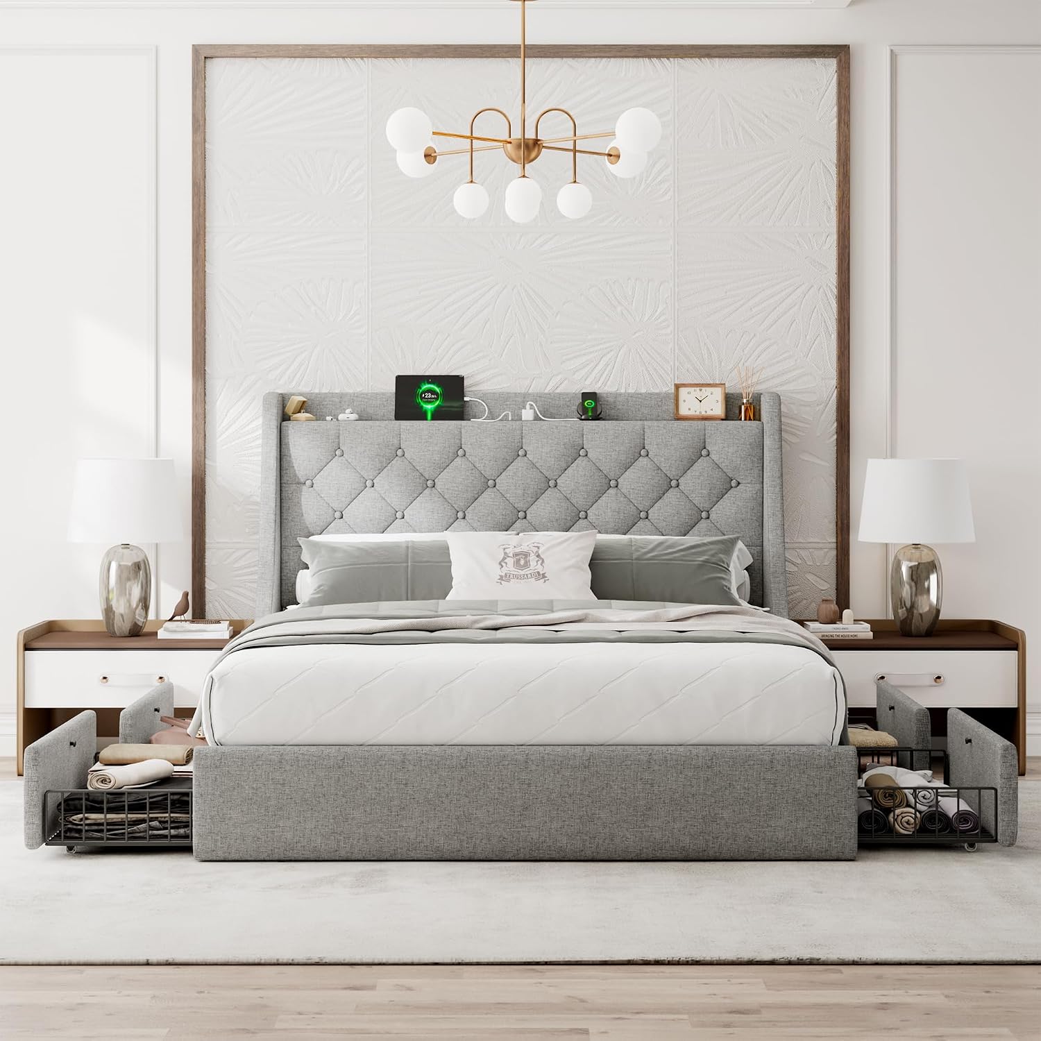 Einhomn Upholstered Full Size Bed Frame with 4 Storage Drawers, Platform Bed Frame with Wingback Headboard, Charging Station, No Box Spring Needed, Light Grey