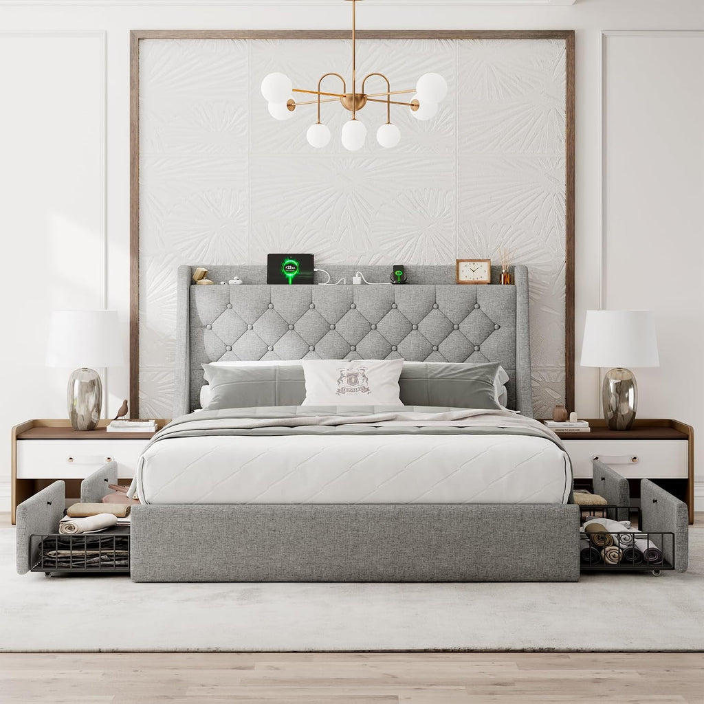 Einhomn Queen Bed Frame with 4 Storage Drawers, Upholstered Bed Frame with Large Wingback Headboard, Charging Station, No Box Spring Needed, Light Grey