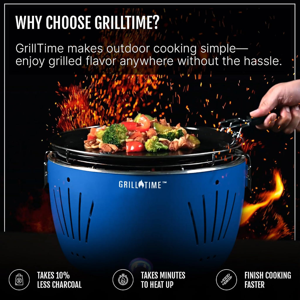 GrillTime Tailgater GT Griddle Combo 13 Inch - Portable Grill with Enamel Griddle Pan, Great for Grilling Bacon, Fish, Pancakes, For Outdoor Tailgates and Camping - Blue