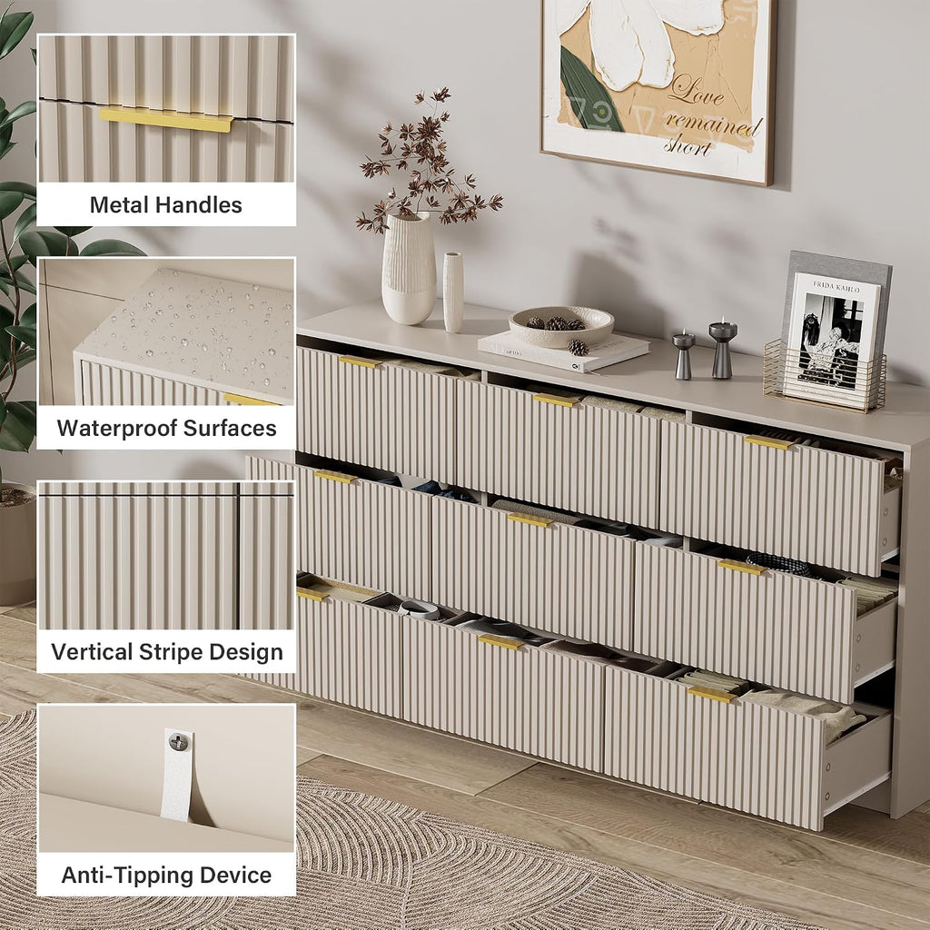 Furniway Beige Dresser for Bedroom, Modern Dresser with 9 Drawers and Smooth Slides, Wide Chest of Drawers with Golden Handles for Bedroom, Living Room, Closet, 15.7' D x 63' W x 31.5' H