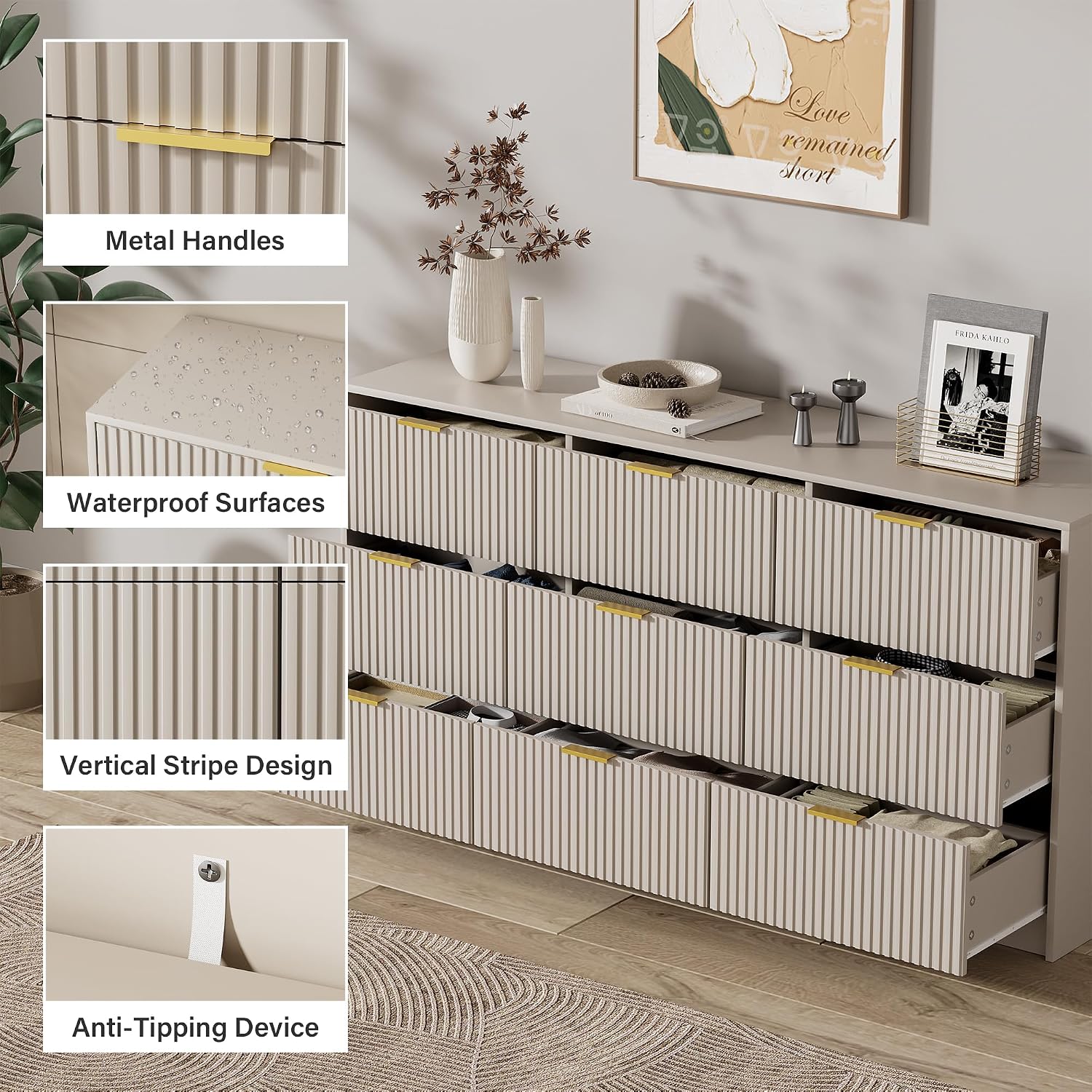 Furniway Beige Dresser for Bedroom, Modern Dresser with 9 Drawers and Smooth Slides, Wide Chest of Drawers with Golden Handles for Bedroom, Living Room, Closet, 15.7' D x 63' W x 31.5' H