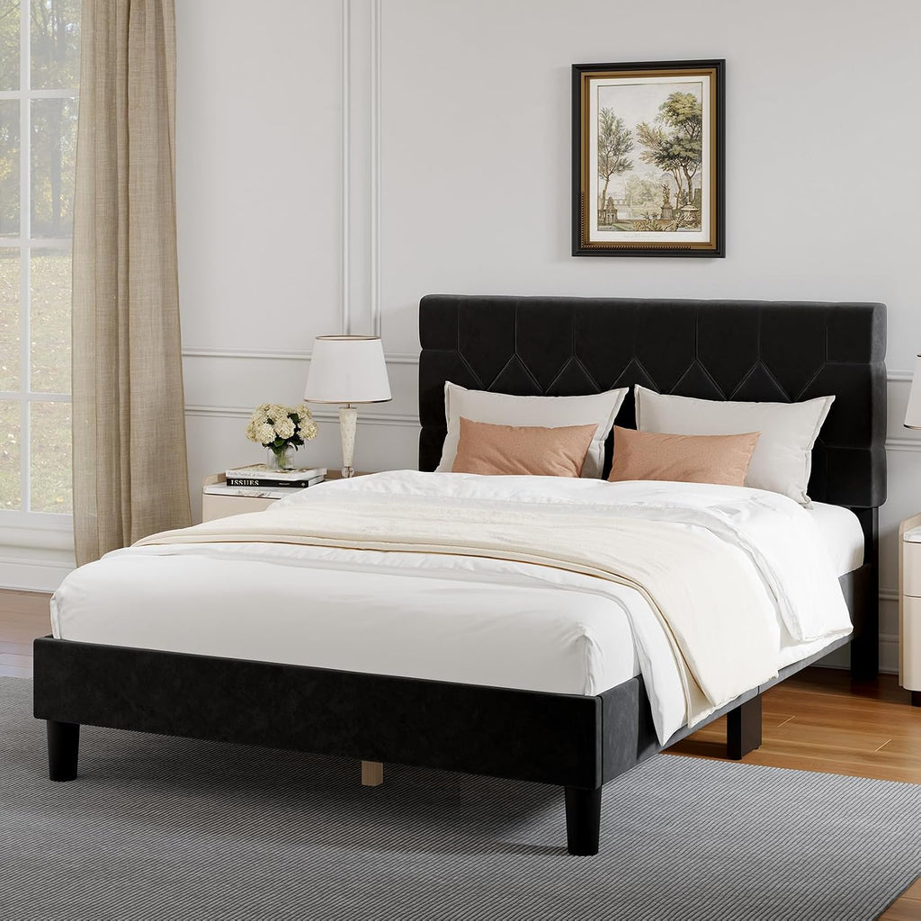 Novilla Full Size Bed Frame, Full Bed Frame with Headboard, Velvet Upholstered Pull-Point Headboard, No Box Spring Needed, Heavy Duty Feet, Easy Assembly, Black Velvet