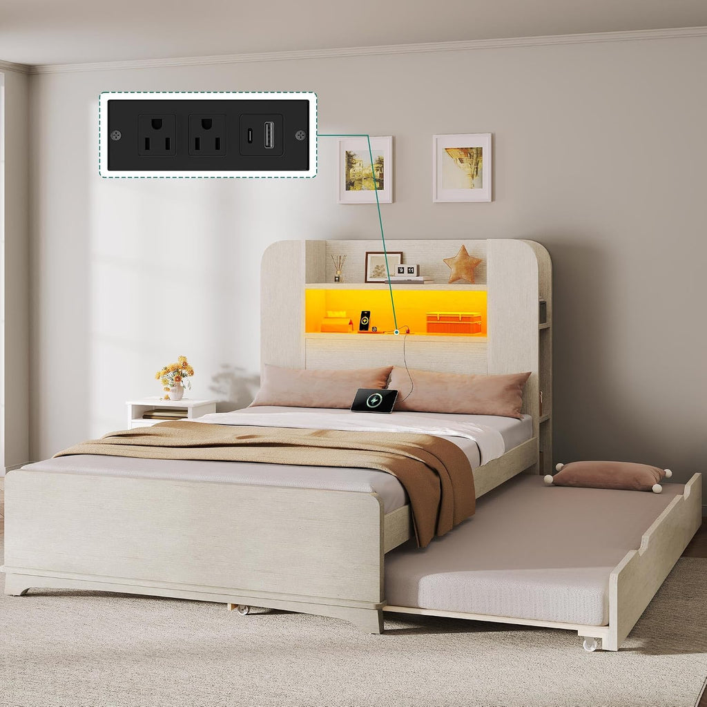 DWVO Twin Size Bed with Trundle, Bookcase Bed Frame with Storage Headboard and Charging Station, RGB LED Lights Bed with Wooden Support with Type-C, No Box Spring Needed, Noise Free, White