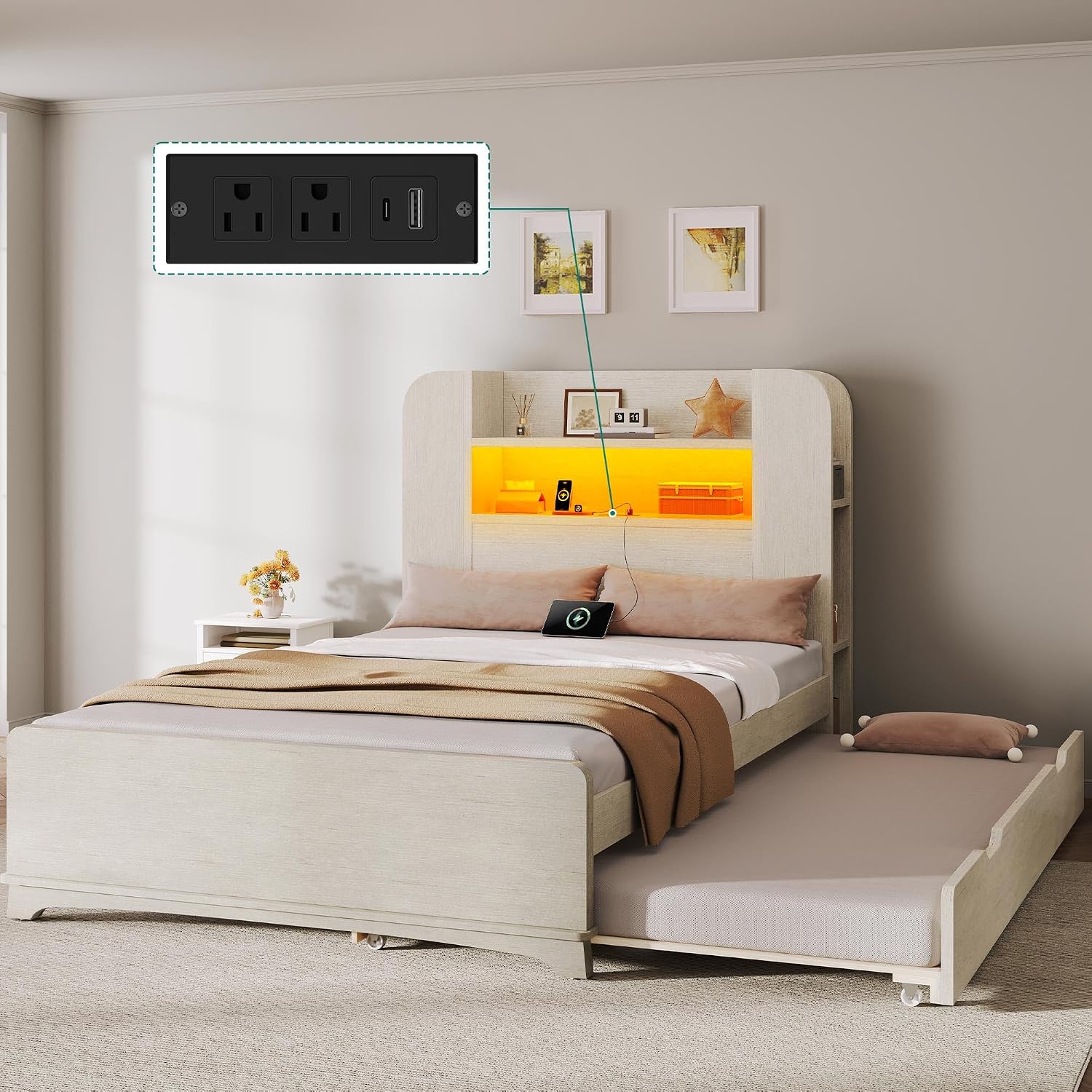 DWVO Twin Size Bed with Trundle, Bookcase Bed Frame with Storage Headboard and Charging Station, RGB LED Lights Bed with Wooden Support with Type-C, No Box Spring Needed, Noise Free, White