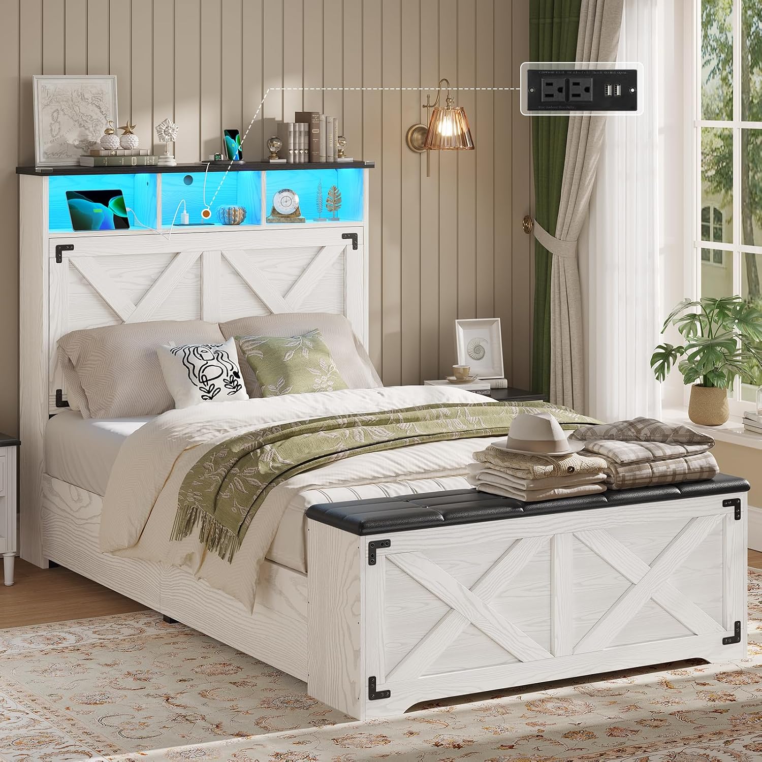 Hasuit Farmhouse Bed Frame Twin Size with Storage Headboard, Charging Station and LED Light, Wooden Twin Bed Frame with Storage Ottoman, Barn Door Design, No Box Spring Needed, No Noise (Walnut White)