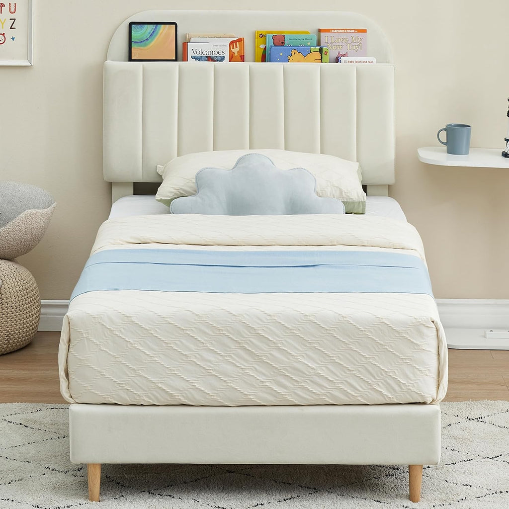 GarveeHome Twin Bed Frame with Storage Headboard, Velvet Upholstered Platform Bedframe for Kids, Girl Bed, Strong Wooden Slats, Noise-Free, Easy Assembly, No Box Spring Needed, Beige