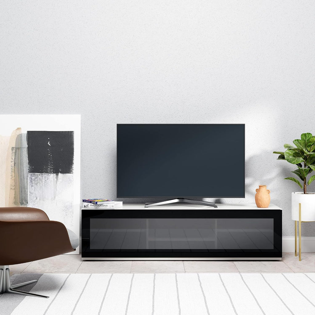 SONOROUS ST-160 Premium TV Stand with Black Glass Cover & White Wood - Luxury Entertainment Center & Media Console for Living Room - High Gloss Modern TV Cabinet up to 75 Inches - Sleek Storage Design