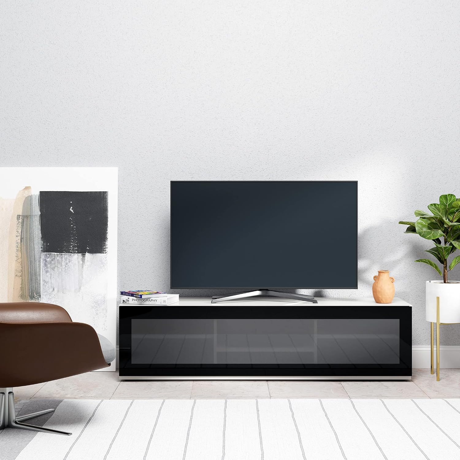 SONOROUS ST-160 Premium TV Stand with Black Glass Cover & White Wood - Luxury Entertainment Center & Media Console for Living Room - High Gloss Modern TV Cabinet up to 75 Inches - Sleek Storage Design