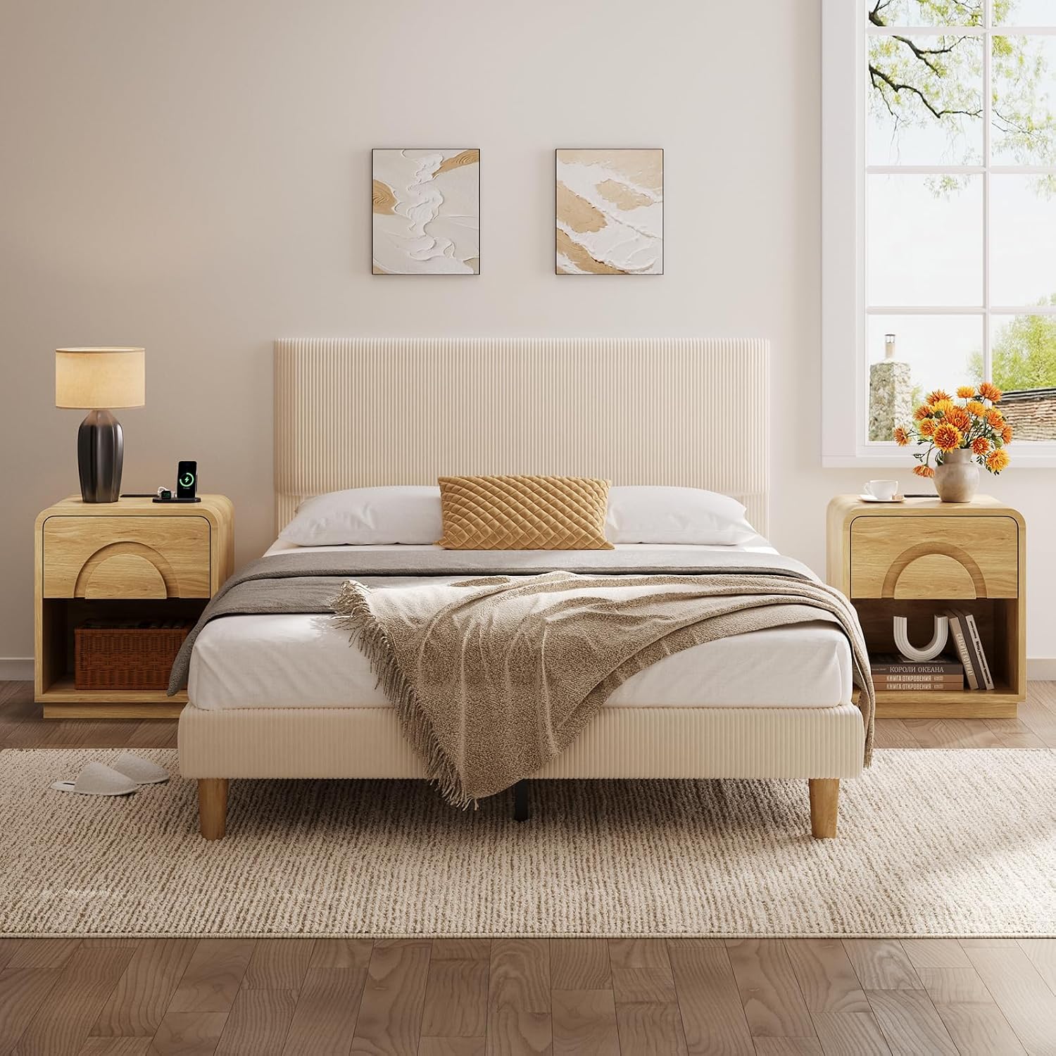 Bestier Night Stand Set of 2, 23.6' H Curved Nightstand with Charging Station, Farmhouse Bedside Table with Drawer & Open Shelf, Arched & Curved Nightstand, Solid Wood End Table for Bedroom, Natural