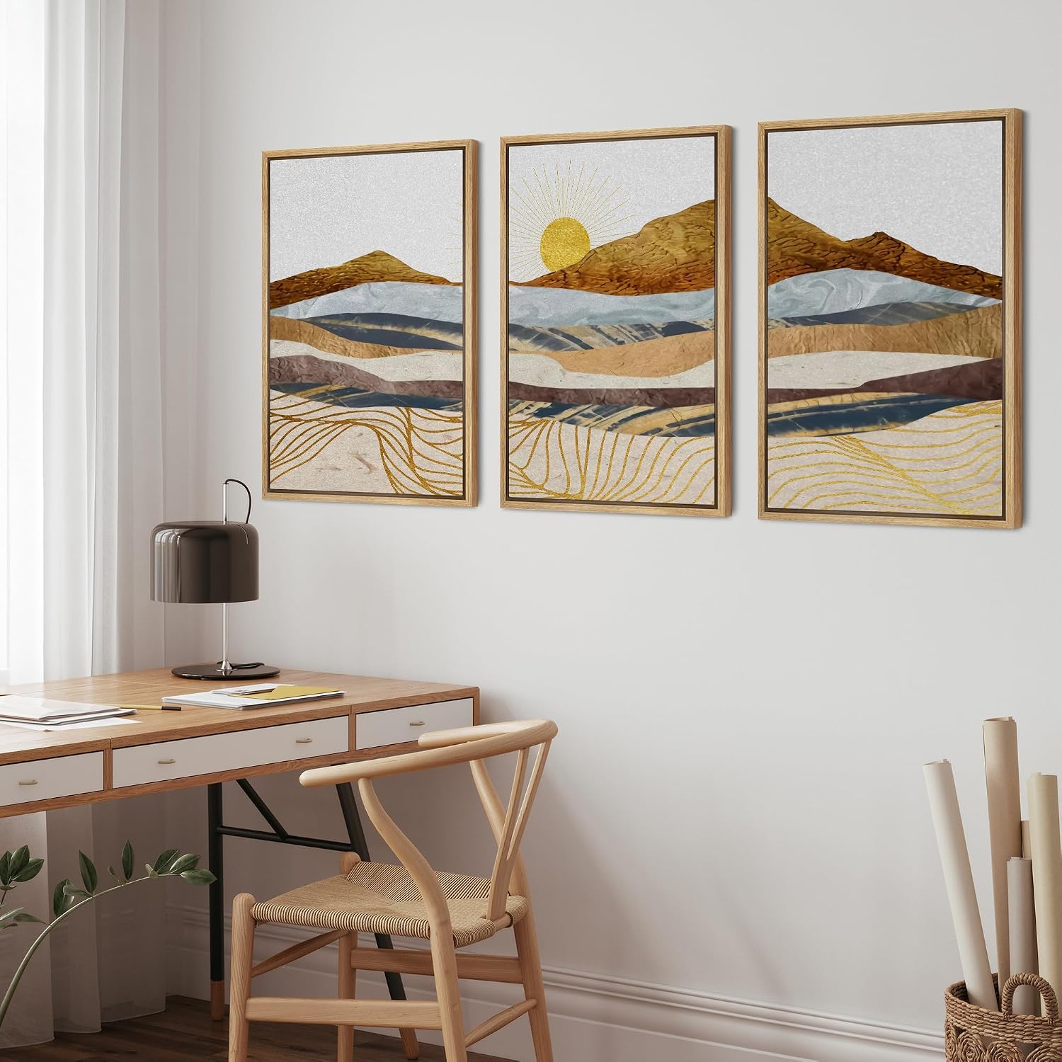 wall26 Framed Canvas Print Wall Art Set Gold Wave Geometric Mountain Range Nature Wilderness Illustrations Modern Art Decorative Landscape Zen for Living Room, Bedroom, Office - 24'x36'x3 Natural