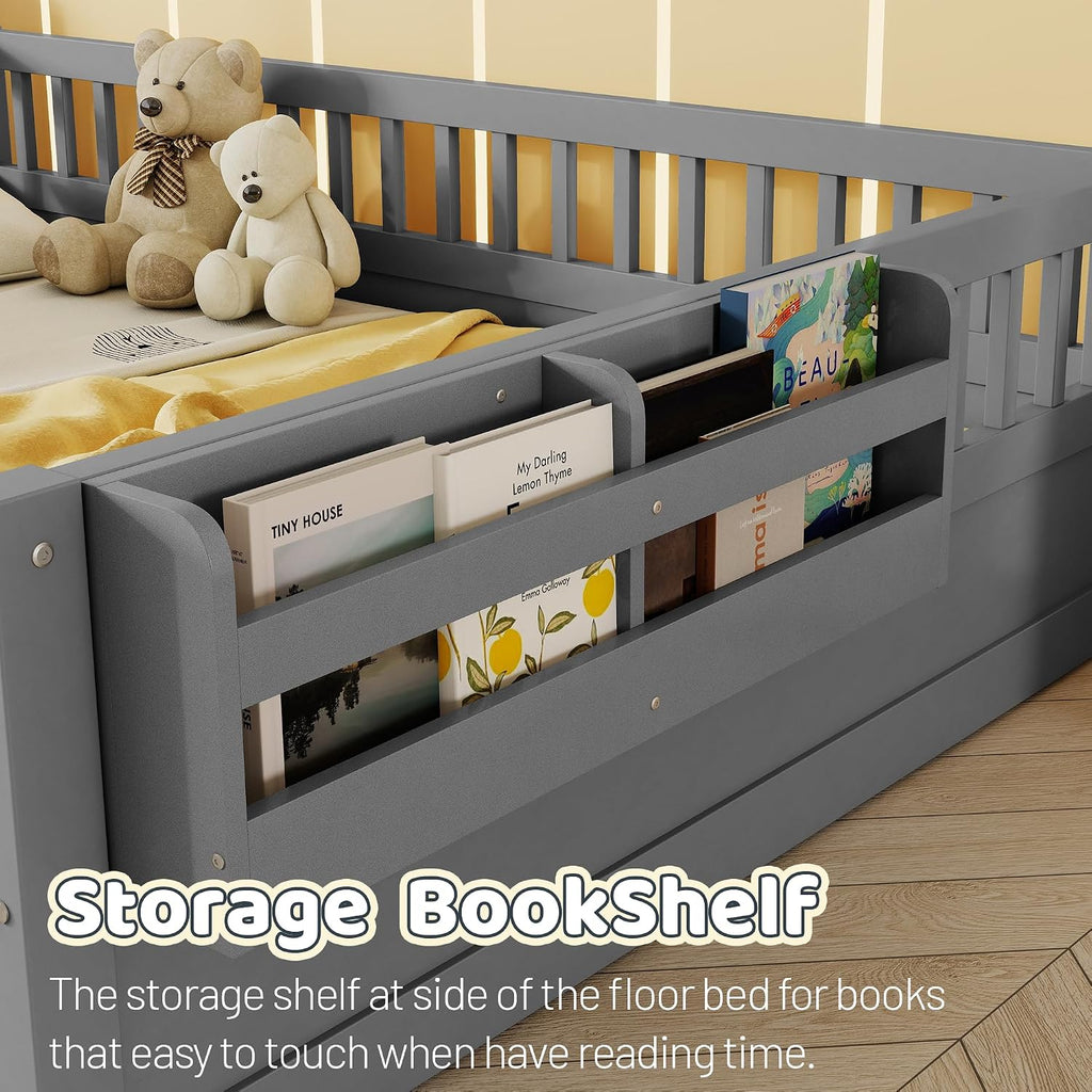 Montessori Floor Bed with High Rails,Full Size Floor Bed Frame for Kids, LED Lights & Storage Shelf, Safe & Wider Opening Gate Design, Playground & Sleep Space for Girls Boys,Grey